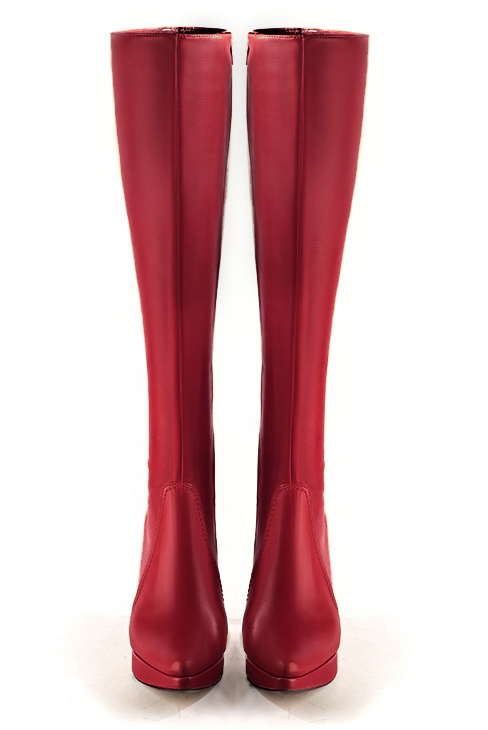 Cardinal red women's feminine knee-high boots. Tapered toe. Very high slim heel with a platform at the front. Made to measure. Top view - Florence KOOIJMAN